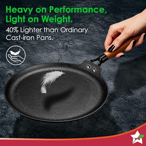 Wonderchef Ferro Light-Weight Cast-Iron Dosa Tawa, 26cm, 40% Lighter, Pre-Seasoned with 100% Vegetable Oil, Non-Toxic, Chemical-Free, Induction-Friendly, Long Cool-Touch Wood Handles, 10-Yr Warranty - Image 3