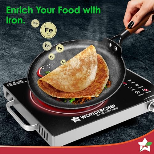 Wonderchef Ferro Light-Weight Cast-Iron Dosa Tawa, 26cm, 40% Lighter, Pre-Seasoned with 100% Vegetable Oil, Non-Toxic, Chemical-Free, Induction-Friendly, Long Cool-Touch Wood Handles, 10-Yr Warranty - Image 4