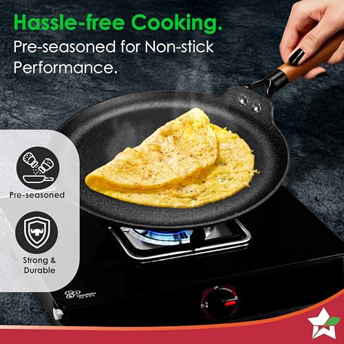 Wonderchef Ferro Light-Weight Cast-Iron Dosa Tawa, 26cm, 40% Lighter, Pre-Seasoned with 100% Vegetable Oil, Non-Toxic, Chemical-Free, Induction-Friendly, Long Cool-Touch Wood Handles, 10-Yr Warranty - Image 5