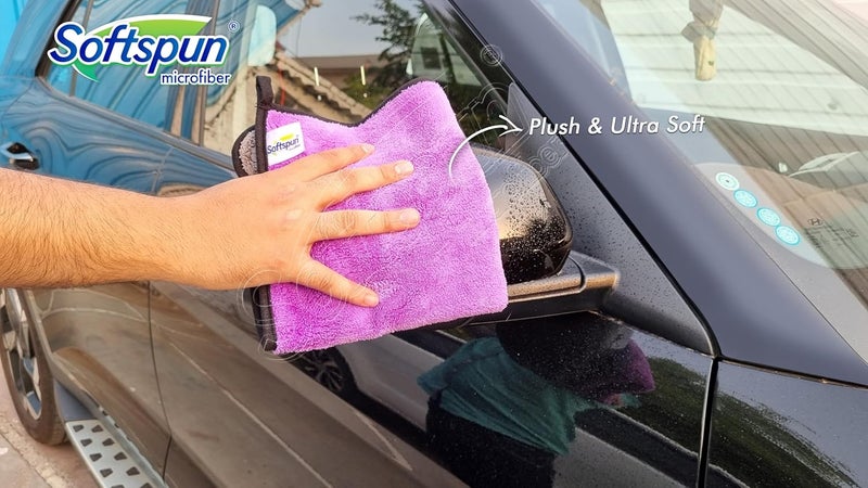 SOFTSPUN 900 GSM، قماش ميكروفايبر مزدوج الطبقة بحافة حريرية 30X40 سم 2 قطعة، بنفسجي! قماش تنظيف ميكروفايبر سميك للغاية مثالي للدراجات والسيارات من الداخل والخارج. - Image 5