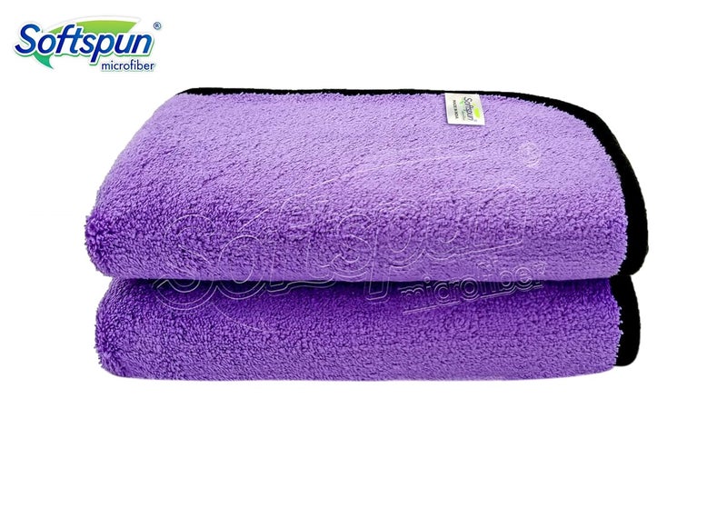 SOFTSPUN 900 GSM، قماش ميكروفايبر مزدوج الطبقة بحافة حريرية 30X40 سم 2 قطعة، بنفسجي! قماش تنظيف ميكروفايبر سميك للغاية مثالي للدراجات والسيارات من الداخل والخارج. - Image 2