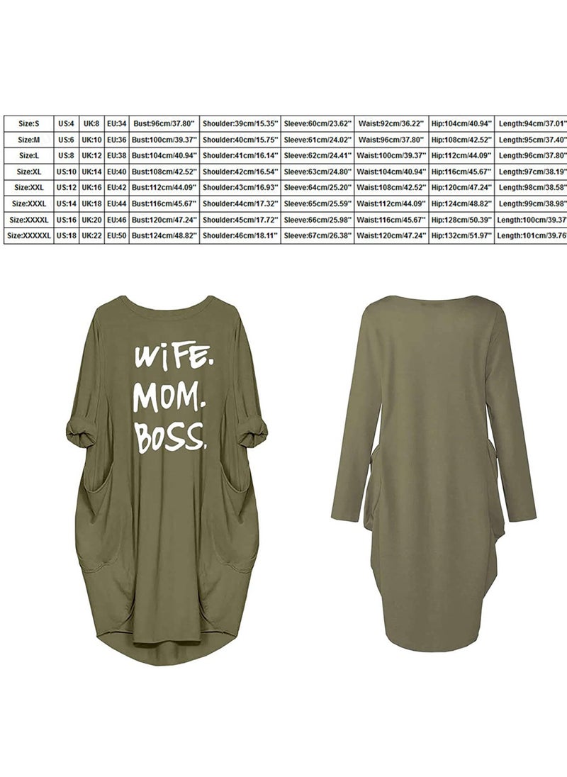 KASTWAVE - Tshirt Dress, Nightdress, Wife Mom Boss Letters Print Cotton Long Sleeve T-Shirt Dresses Pockets Women's Nightdress for Summer (L) - Image 1