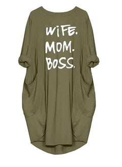 Tshirt Dress, Nightdress, Wife Mom Boss Letters Print Cotton Long Sleeve T-Shirt Dresses Pockets Women's Nightdress for Summer (L)
