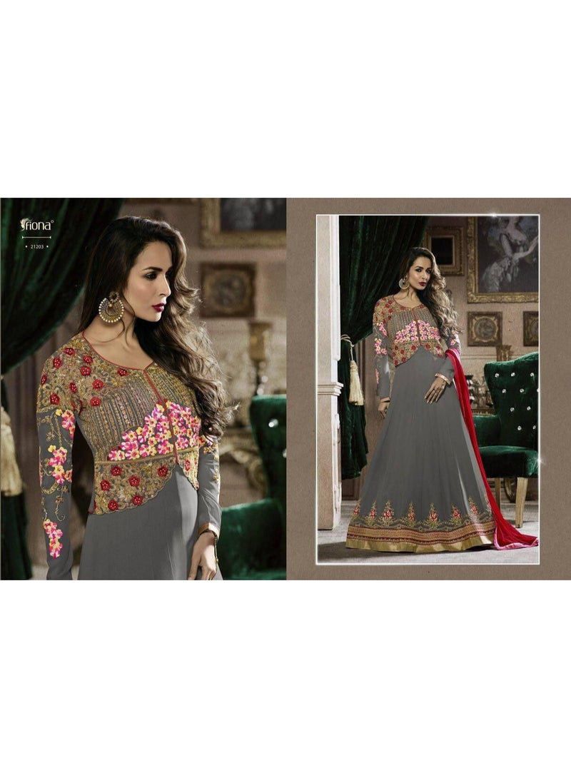 fiona Women's semi stitched Embroidered Grey Anarkali Gown with Contrast Dupatta - Image 4