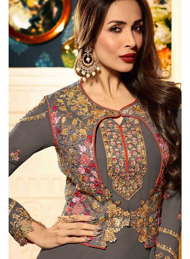 fiona Women's semi stitched Embroidered Grey Anarkali Gown with Contrast Dupatta - Image 2