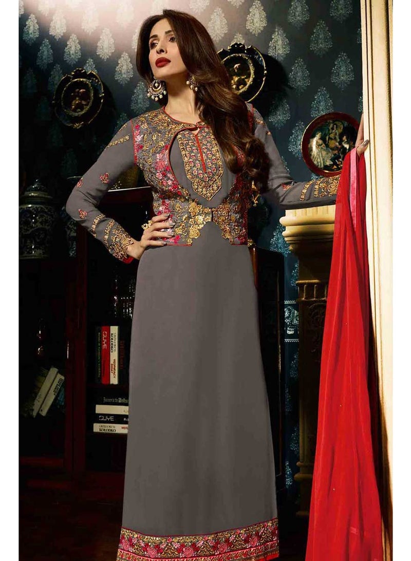 fiona Women's semi stitched Embroidered Grey Anarkali Gown with Contrast Dupatta - Image 3