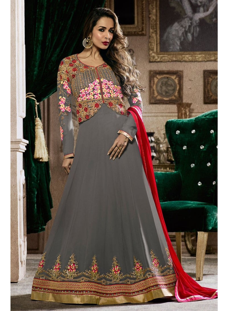 fiona Women's semi stitched Embroidered Grey Anarkali Gown with Contrast Dupatta - Image 1