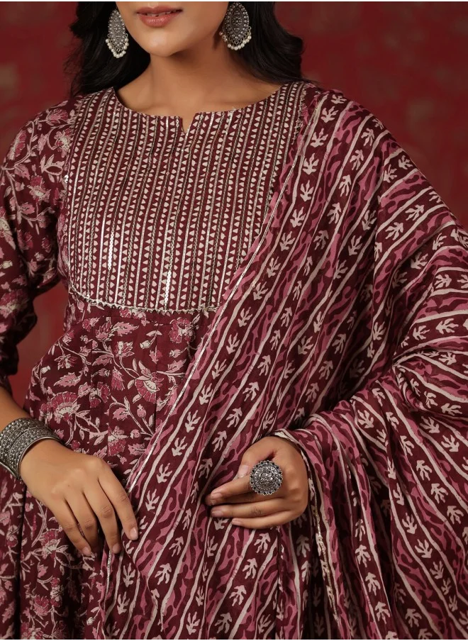 آي شين Floral Printed Sequinned Pure Cotton Anarkali Kurta With Trousers & Dupatta