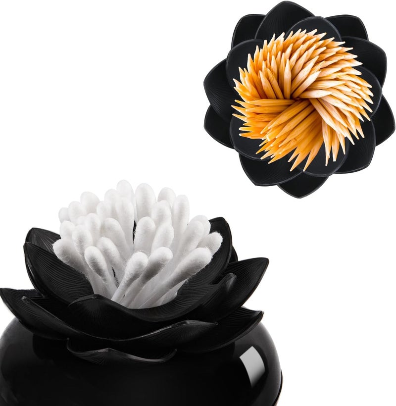 Bloss Lotus Cotton Swab Holder Cotton Swabs Bud Small QTips Box Toothpicks Container Flower Bathroom Decor - Black - Image 3