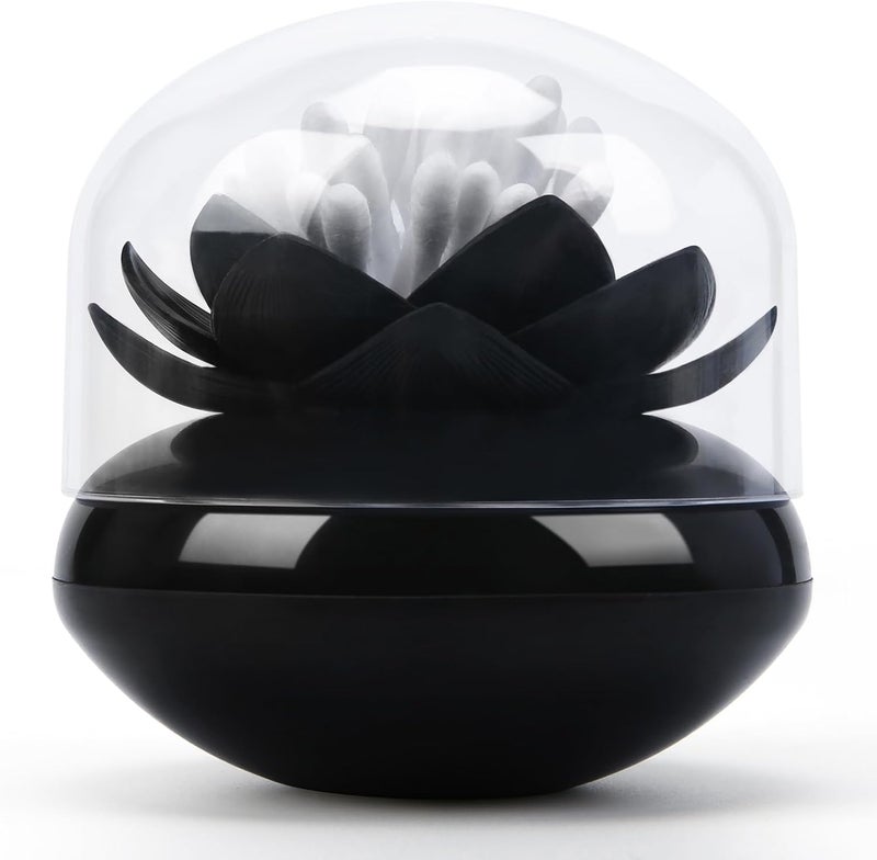 Bloss Lotus Cotton Swab Holder Cotton Swabs Bud Small QTips Box Toothpicks Container Flower Bathroom Decor - Black - Image 1