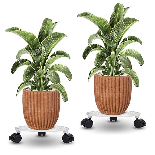 Sharpex Pack of 2 Metal Caddy Iron Dolly on Round Rack Rustproof Sturdy Potted Indoor Outdoor Plant Stand/Trolley With Locking Wheels for Balcony, Living Room, Home and Garden (White) - Image 1