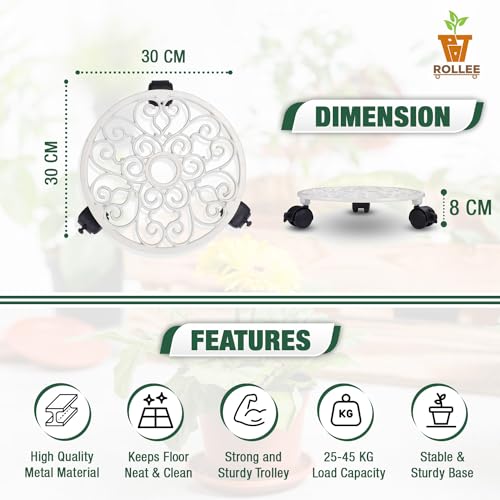 Sharpex Pack of 2 Metal Caddy Iron Dolly on Round Rack Rustproof Sturdy Potted Indoor Outdoor Plant Stand/Trolley With Locking Wheels for Balcony, Living Room, Home and Garden (White) - Image 2