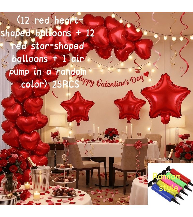 25Pcs Romantic Red Heart And Star Balloons Set With Hand Pump For Birthday Wedding Decor - Image 3