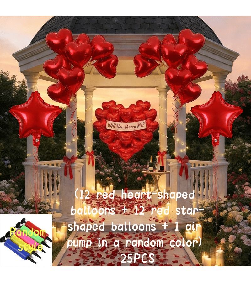 25Pcs Romantic Red Heart And Star Balloons Set With Hand Pump For Birthday Wedding Decor - Image 1