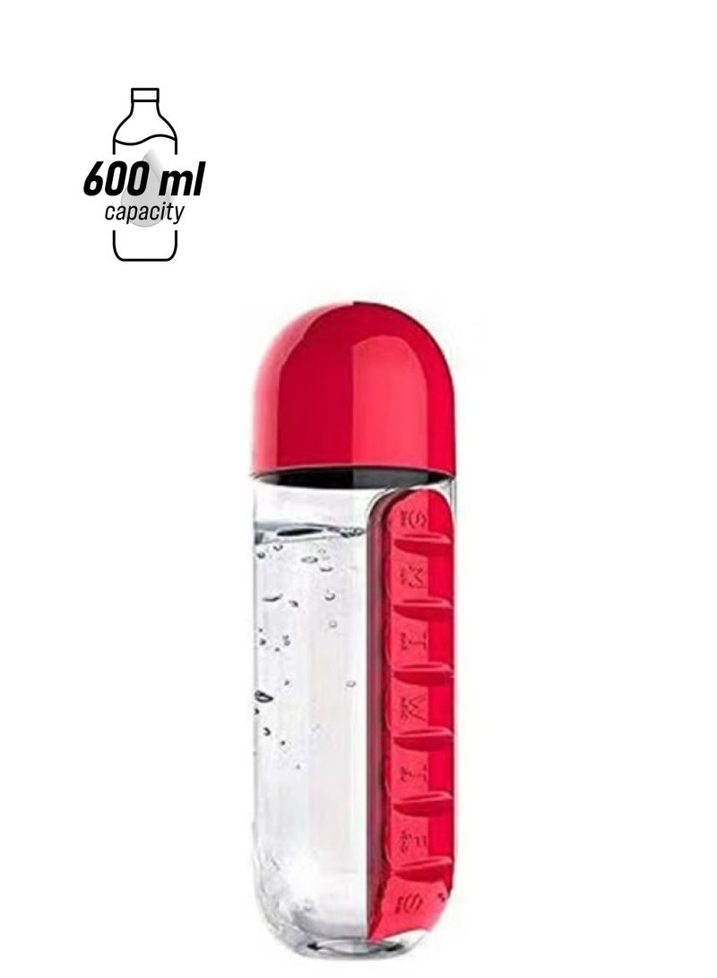 أكاليكس 2 في 1 الرياضة زجاجة ماء مع 7 شبكات اليومية حبة صندوق المنظم السفر الطب المنظم شرب زجاجة الأحمر 600 مللي - Image 1