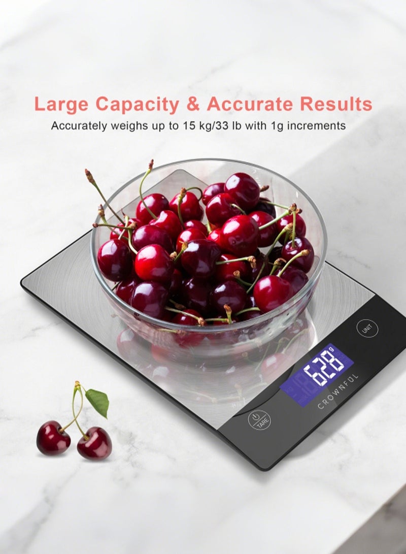 كراونفول ميزان طعام رقمي 15 كجم، من الستانلس ستيل 304 قابل لإعادة الشحن، مع شاشة LCD وشحن Type-C للخبز والطهي - Image 4