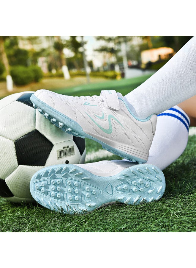 Pull Back Warrior Children's Soccer Shoes Studded Tf Velcro Boys Girls Artificial Turf 539 White Lake Green Studs Size 31 - Image 1