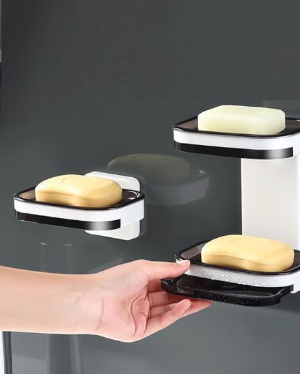 SHOPECOM Single Layer Wall Mounted Soap Dishes Box Drain Sponge Holder Storage Rack for Bathroom Accessories Toiletries Organizer Kitchen (Black) - Image 2