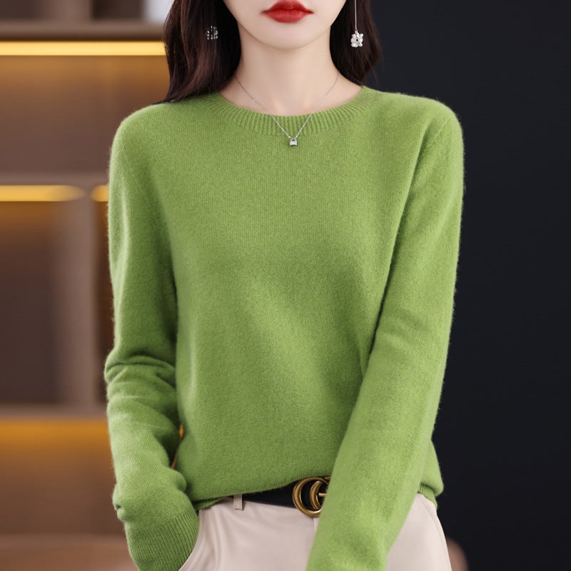 Woolen sweater womens solid color round neck 23 new long sleeve seamless knitted first-line garment wool sweater undershirt Diamond Green