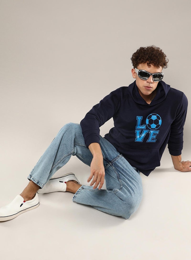 Men's Navy Blue Love Football Hoodie With Kangaroo Pocket