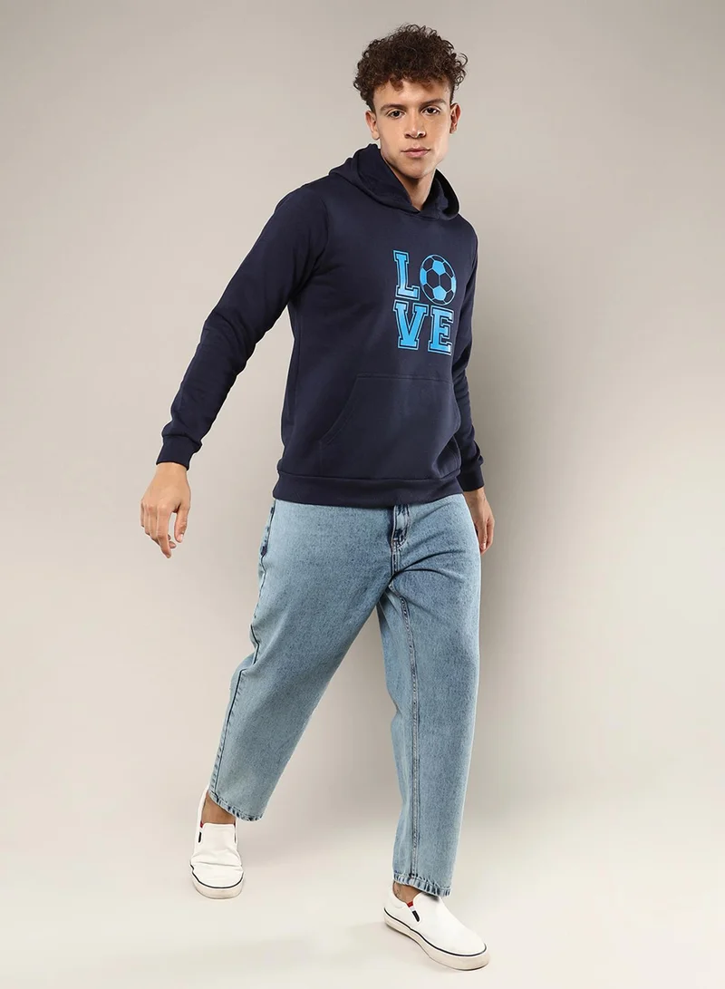 Campus Sutra Men's Navy Blue Love Football Hoodie With Kangaroo Pocket