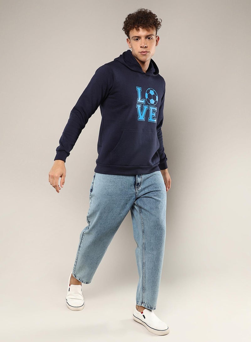 Men's Navy Blue Love Football Hoodie With Kangaroo Pocket