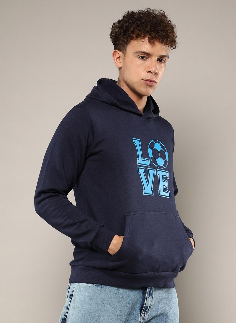 Men's Navy Blue Love Football Hoodie With Kangaroo Pocket