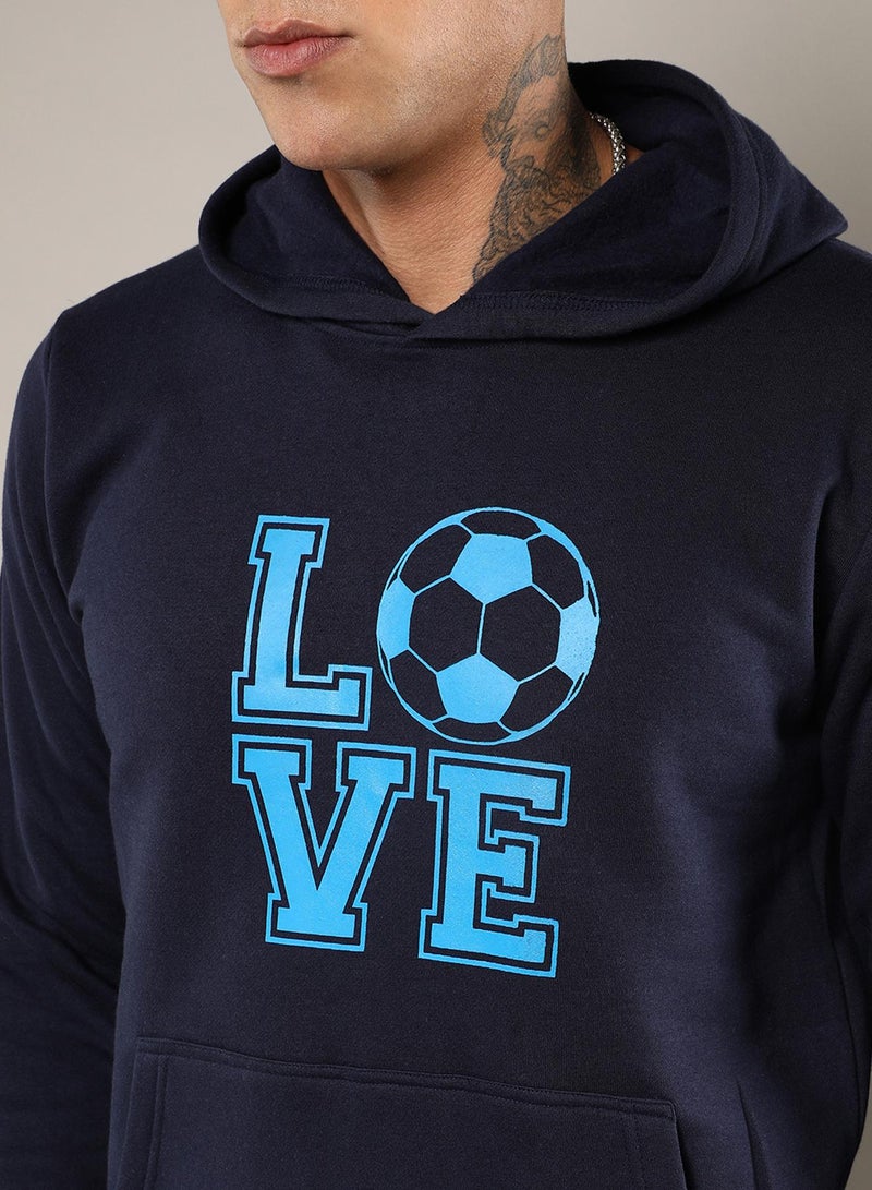 Men's Navy Blue Love Football Hoodie With Kangaroo Pocket