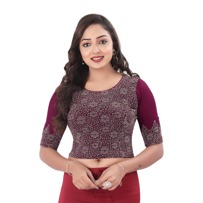 DESI GIRL - Round Neck Jacquard Regular Fit Saree Blouse for Women | Half Sleeve Readymade Stretchy Embroidered Design Festive Blouse Perfect for Saree, Lehenga, Kurti | Wine - 36 - Image 5