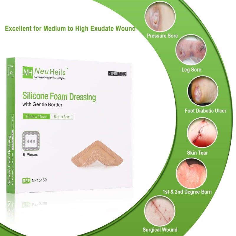 NeuHeils Silicone Adhesive Foam Dressing Bandage with Gentle Border 6 x 6 inch for Bed Sore Leg Ulcer, 5 Pack, High Absorbency Waterproof Silicone Wound Bandage for Pressure Ulcer - Image 2