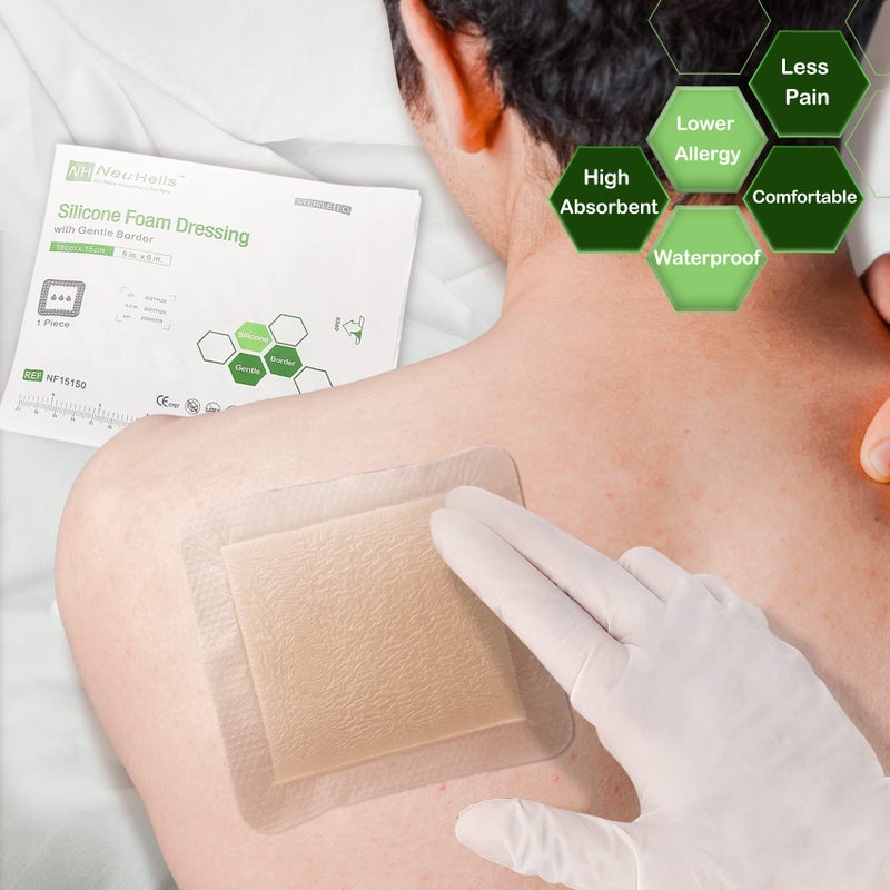 NeuHeils Silicone Adhesive Foam Dressing Bandage with Gentle Border 6 x 6 inch for Bed Sore Leg Ulcer, 5 Pack, High Absorbency Waterproof Silicone Wound Bandage for Pressure Ulcer - Image 3