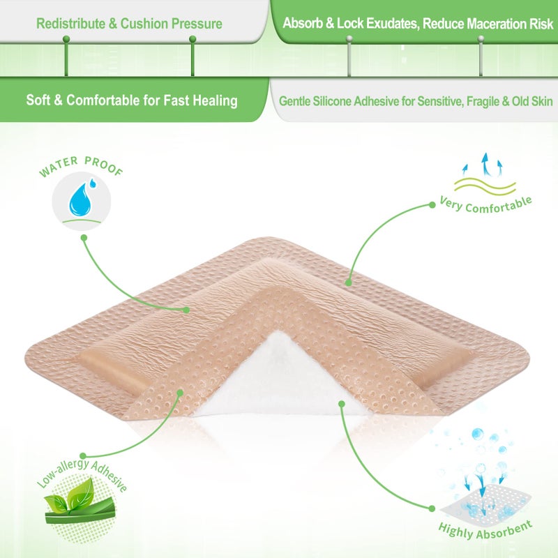 NeuHeils Silicone Adhesive Foam Dressing Bandage with Gentle Border 6 x 6 inch for Bed Sore Leg Ulcer, 5 Pack, High Absorbency Waterproof Silicone Wound Bandage for Pressure Ulcer - Image 5