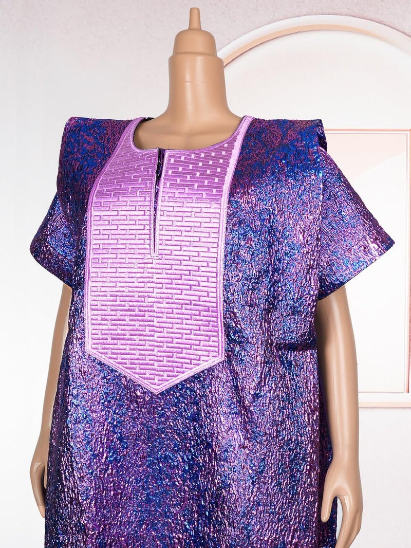 HD African Bubu Dress for Woman Purple Embroidery Pattern Maxi Gown with Headwrap - Image 2