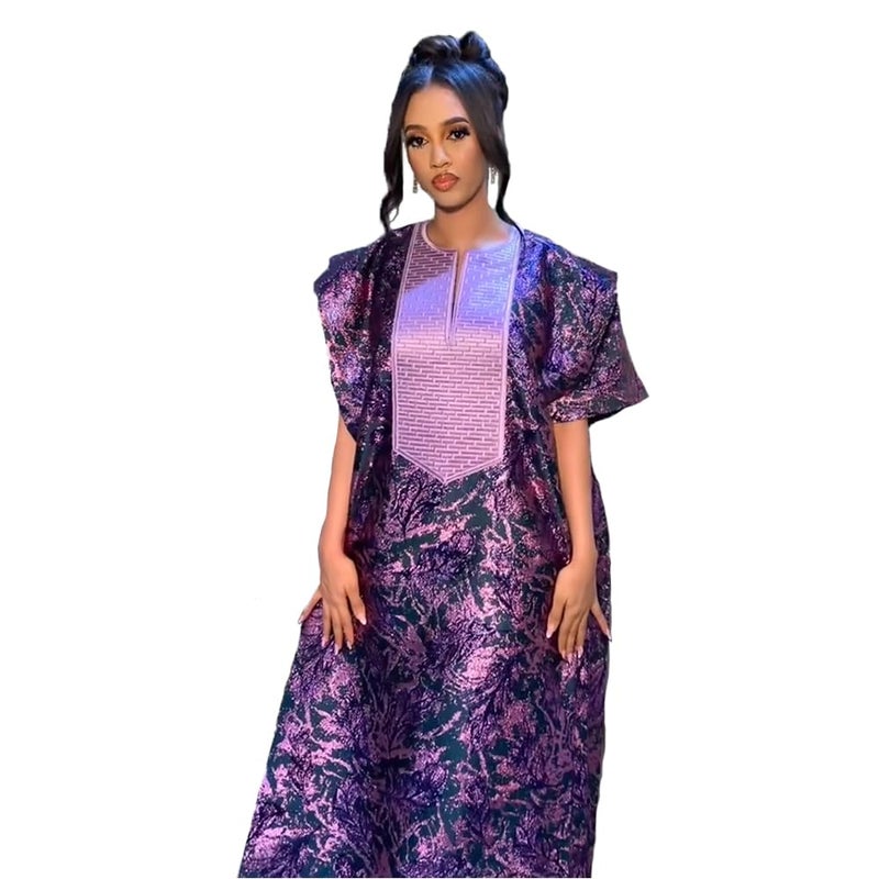 HD African Bubu Dress for Woman Purple Embroidery Pattern Maxi Gown with Headwrap - Image 1