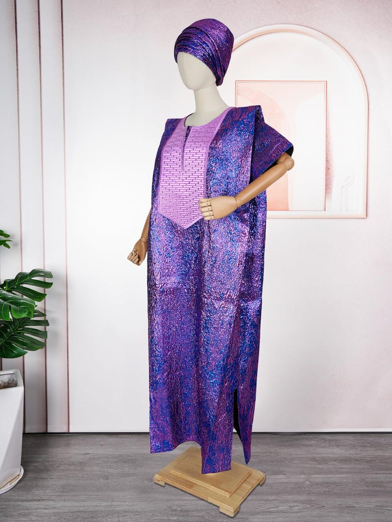 HD African Bubu Dress for Woman Purple Embroidery Pattern Maxi Gown with Headwrap - Image 4