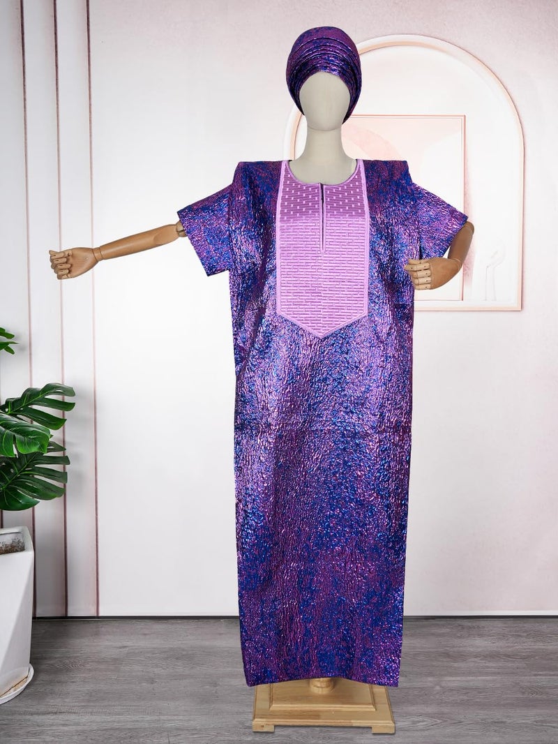 HD African Bubu Dress for Woman Purple Embroidery Pattern Maxi Gown with Headwrap - Image 5