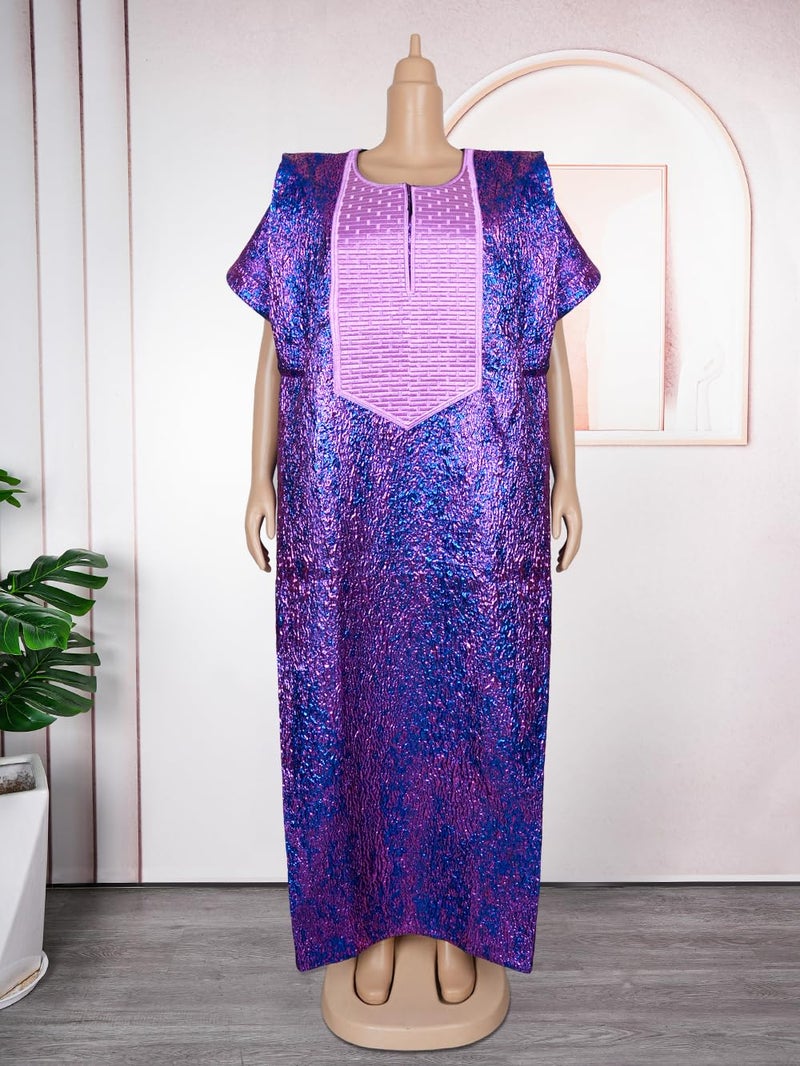 HD African Bubu Dress for Woman Purple Embroidery Pattern Maxi Gown with Headwrap - Image 3