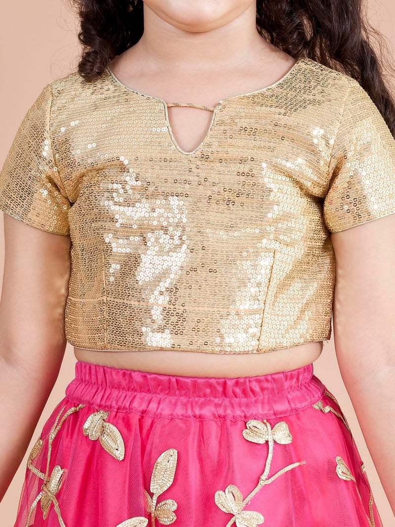 Pspeaches Girls Fuchsia Gold-Toned Embellished Ready To Wear Lehenga Blouse With Dupatta - Image 2