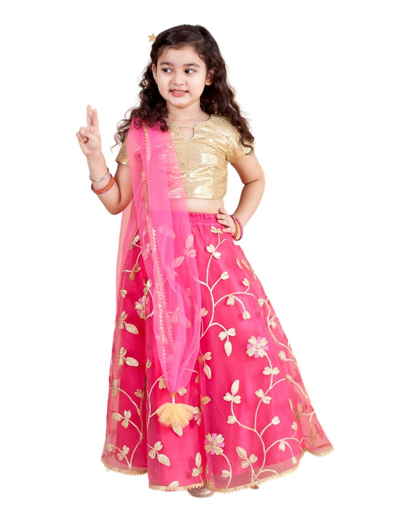 Pspeaches Girls Fuchsia Gold-Toned Embellished Ready To Wear Lehenga Blouse With Dupatta - Image 4
