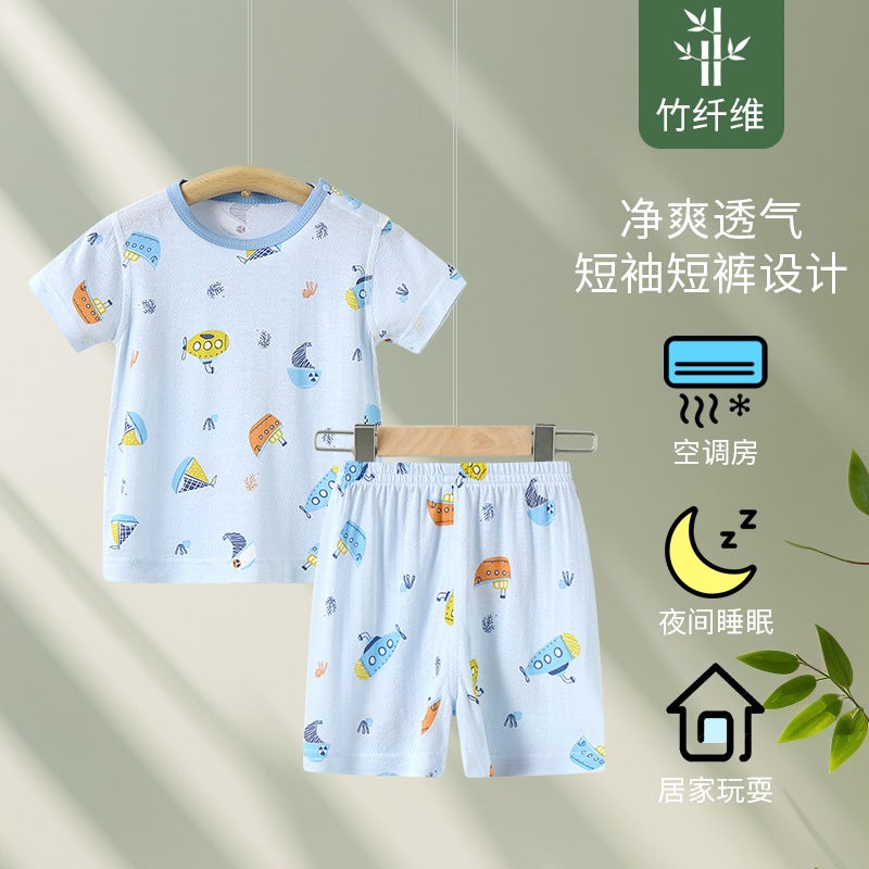 Baby Pajamas Summer Thin Split Suit Bamboo Fiber Women'S Air Conditioning Clothes Children'S Summer Short-Sleeved Summer Clothes - Image 1