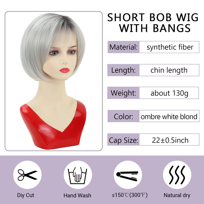 TISHINING Short White Blonde Bob Wig with Bangs for White Women Ombre Blonde Layered Straight Synthetic Hair Wig with Dark Roots Natural Chin Length Bob Wigs for Daily Party Use(10 Inch) - Image 2