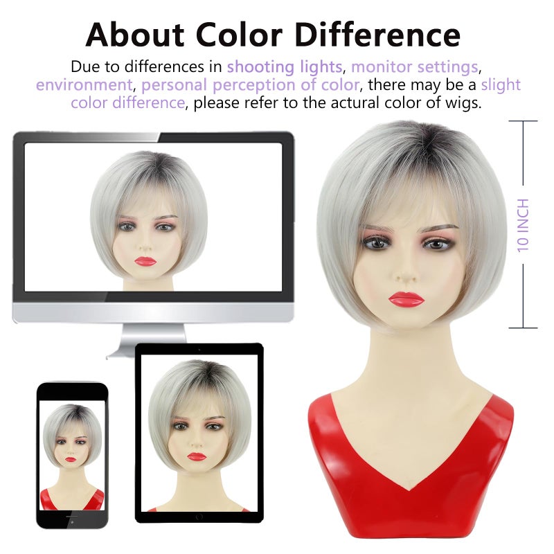 TISHINING Short White Blonde Bob Wig with Bangs for White Women Ombre Blonde Layered Straight Synthetic Hair Wig with Dark Roots Natural Chin Length Bob Wigs for Daily Party Use(10 Inch) - Image 5