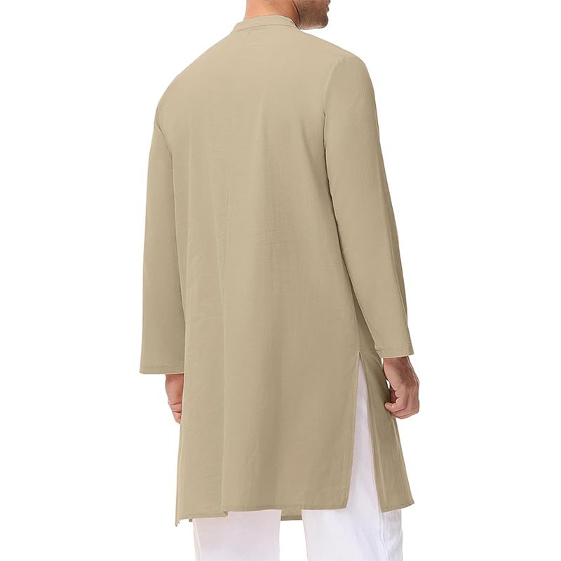 Men's Cotton Long Sleeve Mandarin Collar Kurta with Side Slits & Button Front - Image 3
