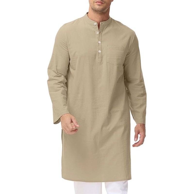 Men's Cotton Long Sleeve Mandarin Collar Kurta with Side Slits & Button Front - Image 4