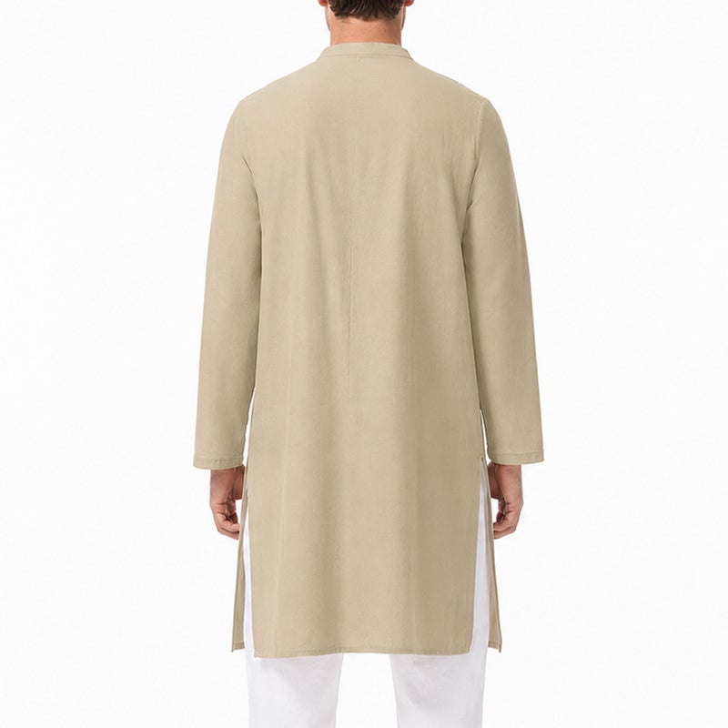 Men's Cotton Long Sleeve Mandarin Collar Kurta with Side Slits & Button Front - Image 2