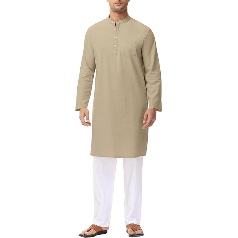 Men's Cotton Long Sleeve Mandarin Collar Kurta with Side Slits & Button Front - Image 5