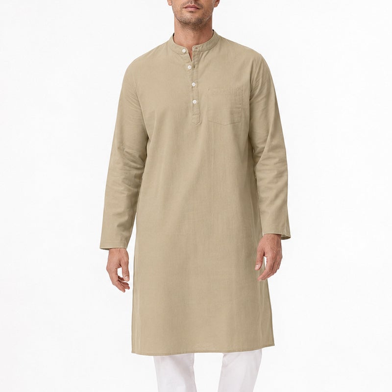 Men's Cotton Long Sleeve Mandarin Collar Kurta with Side Slits & Button Front - Image 1