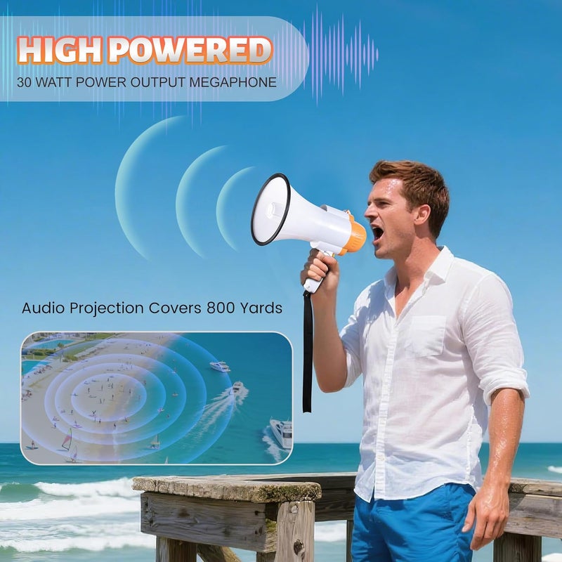 Loudmore 30 Watt Power Portable Megaphone Bullhorn Speaker Voice, Siren/Alarm and 240S Recording with Volume Control and Strap (White Orange) - Image 4