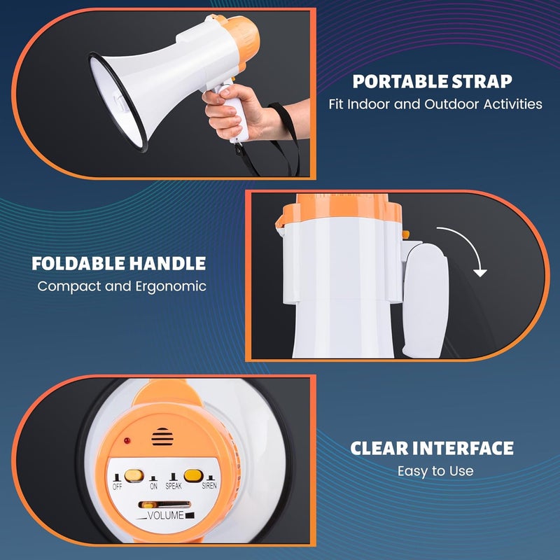 Loudmore 30 Watt Power Portable Megaphone Bullhorn Speaker Voice, Siren/Alarm and 240S Recording with Volume Control and Strap (White Orange) - Image 3