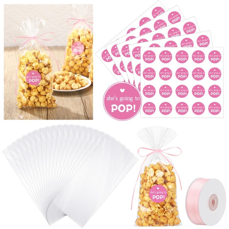 Menkxi 100 Pack Clear Popcorn Bags Bulk 4.92 x 10.83 Inch Cellophane Treat Plastic Party Favors Bags with She Is Going to Pop Label and Ribbon for Gift Wrapping, Food Storage, Baby Shower Decor(Pink) - Image 1